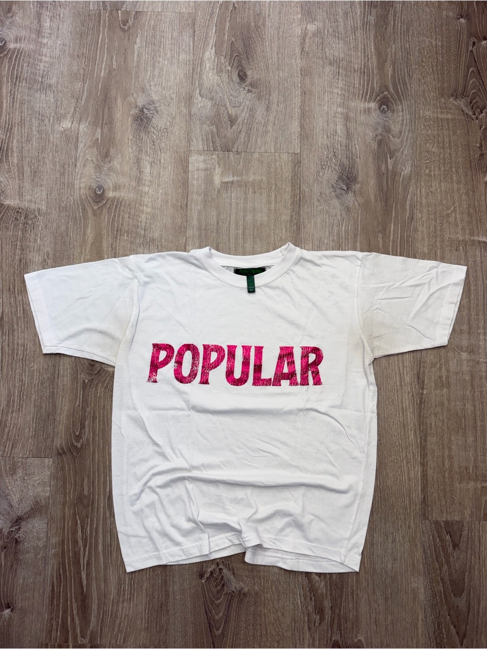 Aqua White Short Sleeve Tee with Pink 'POPULAR' Graphic